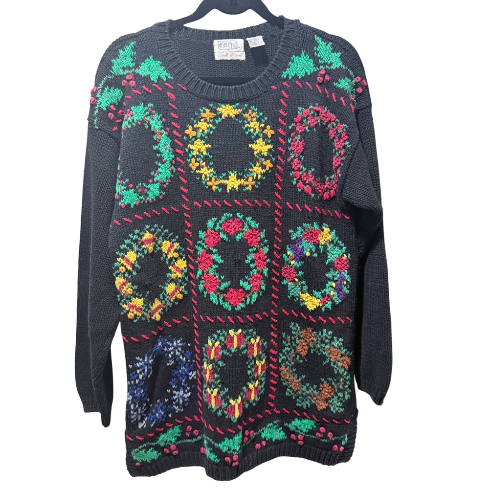 Vintage 90s Wreath Hand Knit Sweater Womens XL Christmas Ugly Holiday Winter